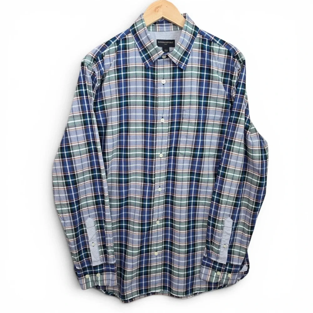 Banana Republic Shirt Mens Large Blue Plaid Button Up Long Sleeve Casual Pocket